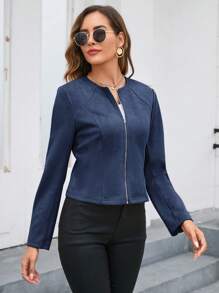 SHEIN Clasi Áo khoác crop top màu trơn thường ngày cho nữ mùa xuân và mùa thu - Màu xanh hải quân - Xem 5