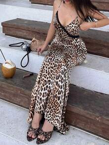 Vestido midi ajustado de cuello en V con tirantes de estampado de leopardo, fiesta de vacaciones de verano para mujer - Marrón - Ver 5