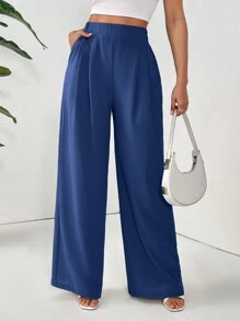 SHEIN Essnce Pantalones casuales de unicolor y estilo básico para mujer - Azul Marino - Ver 6