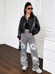 SHEIN Teenager Mädchen Jacke aus Kunstleder mit Hemdkragen, Langarm, Loose Fit und Crop Länge in Unifarbe