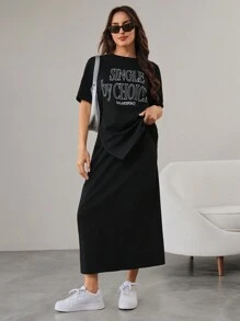 Mulvari Haut à manches courtes imprimé avec lettre col rond et jupe fendue unicolore de couleur assortie ensemble décontracté de 2 pièces pour lété - Noir - Voir 1