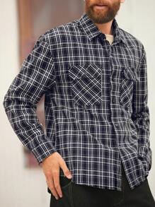 Manfinity Homme Retro American Style Men's Plaid Loose Fit Denim Shirt - Dark Wash - View 4