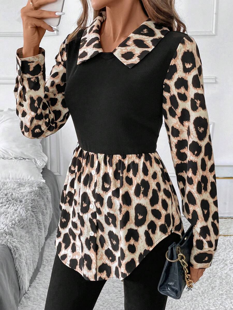 SHEIN Clasi 女士黑色拼接豹纹收腰长袖翻领衬衫，适合春、秋、冬日常、办公、教师穿着 - 彩色 - 查看 1