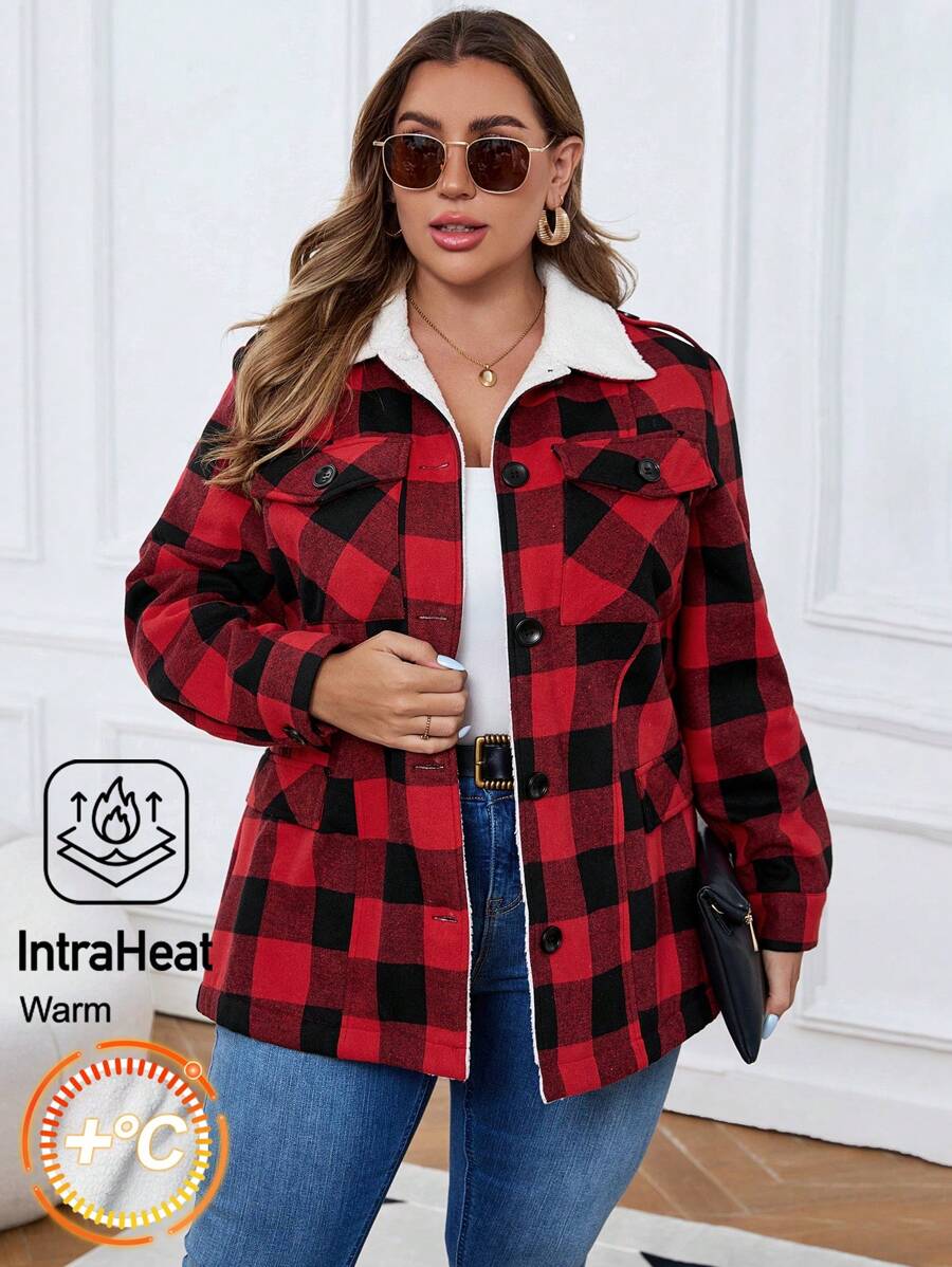 EMERY ROSE Jacke mit Karo-Muster, Knöpfe vorne, lange Ärmel, Thermofutter, kuschelig Große Größen für Damen, Herbst & Winter