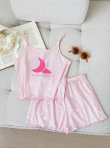 SHEIN Tween Girls Summer Knitted Comfortable Camisole With Shorts Casual Homewear Set - Baby Pink - View 1