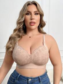 Plus Size Contrast Lace Non-Wired Bra, 1pc Lingerie - Apricot - View 6