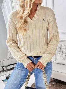 SHEIN LUNE Women Autumn And Winter Knight Print V-Neck Drop Shoulder Long Sleeve Loose Casual Sweater