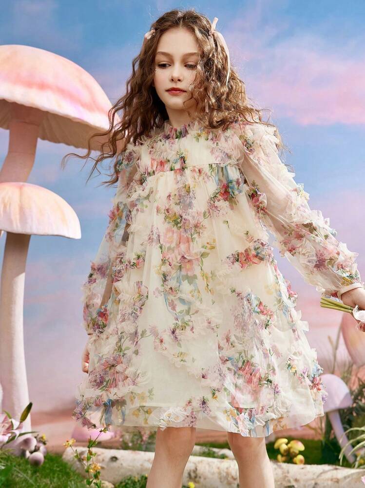 ASK JUNIOR فستان بمظهر ثلاثي الأبعاد من الشبكة وزخرفة زهرية للبنات المراهقات، فستان أميرة كاجوال - متعدد الألوان - مشاهدة 3