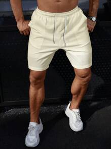 Manfinity Homme Men Solid Color Jacquard Knit Elastic Waist Shorts - Beige - View 4