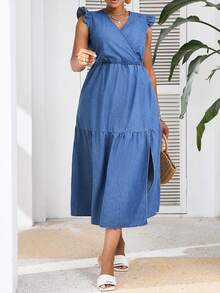 SHEIN VCAY Plus Size Blue Denim Dress Ruffle Wrap Long Dress Casual Vacation Teacher Dress Back To School Fall Women Outfits Fall Dresses Office Wear - Medium Wash - View 3