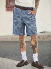Manfinity Homme Men's Vintage Casual Light Blue Plaid Denim Shorts