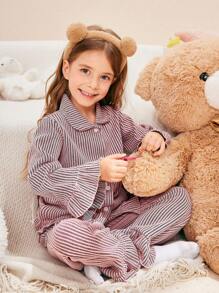 2pcs Girls' Casual Pink Ribbed Fabric Cardigan & Lounge Pants Set - Pink - View 1