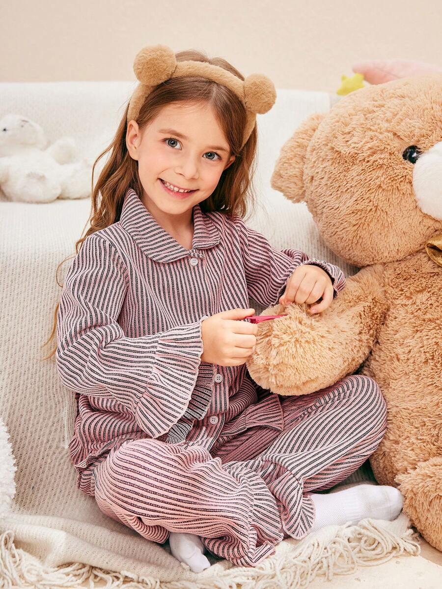 2pcs Girls' Casual Pink Ribbed Fabric Cardigan & Lounge Pants Set - Pink - View 1