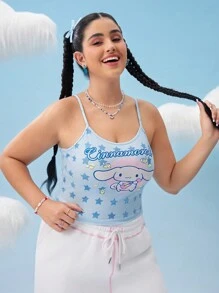 HELLO KITTY AND FRIENDS | SHEIN 大码梦幻星空音乐肉桂卷印花修身吊带背心，休闲可爱，秋季