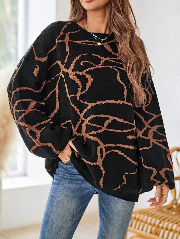 Women's Long Sleeve Crew Neck Jacquard Knitted Sweater