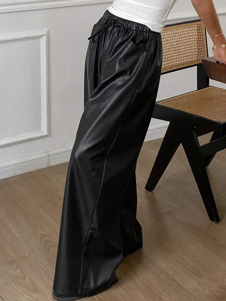 Solid Color PU Loose Straight Leg Pants With Drawstring Waist & Pockets For Women Leather Pants