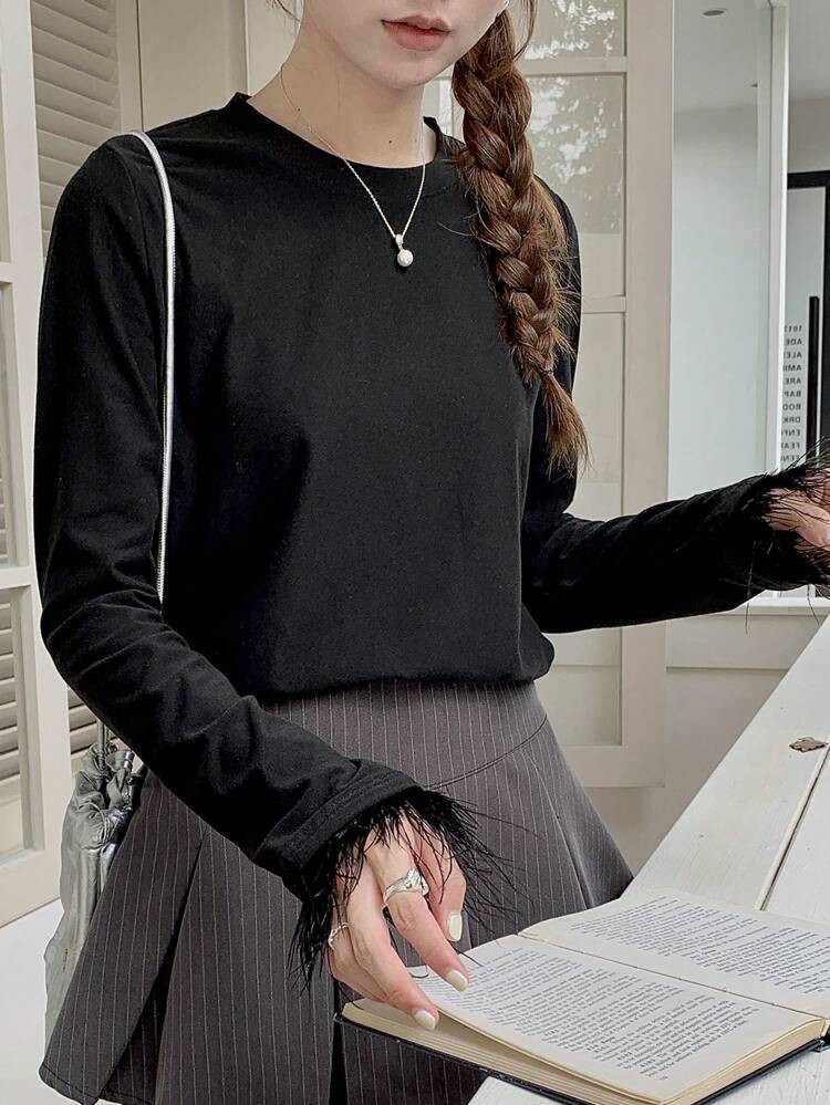 Women's Solid Color Long Sleeve T-Shirt With Feather Trim,Fall Clothes