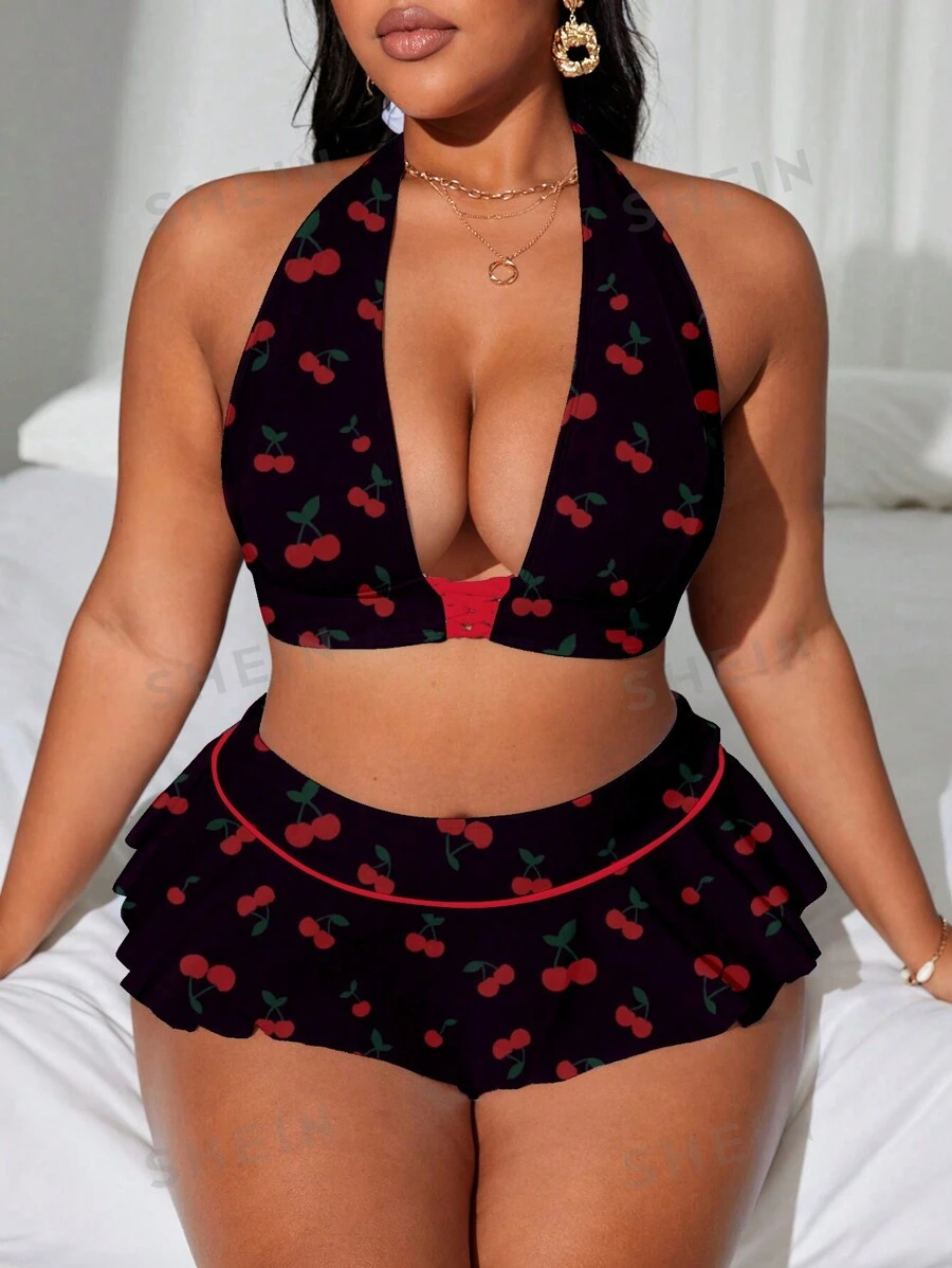 Swim Mod Conjunto de bikini talla grande - Top con escote de halter y espalda descubierta con estampado de toda la prenda y Bottom para playa de verano