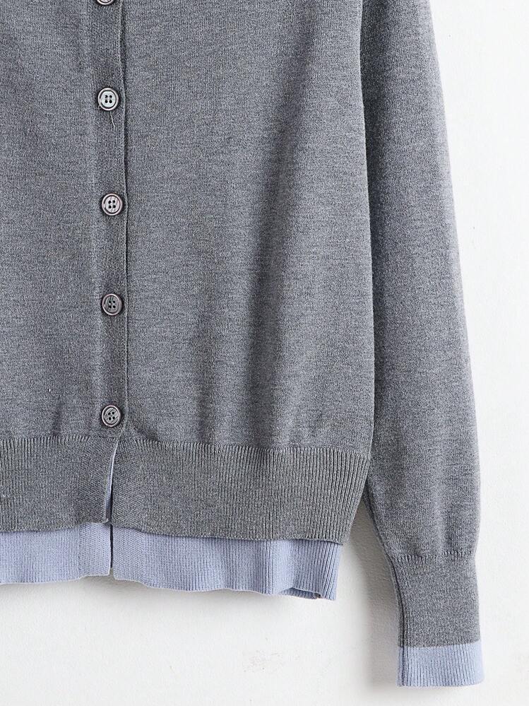 Calvaya 대비 컬러 오픈 가디건 2 합 1 크루넥 루즈 캐주얼 기본 니트 스웨터, 긴팔 탑 - 회색 - 보기 4