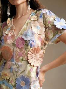 Anewsta Women Colorful 3d Applique V-Neck Simple Daily Short Sleeve Dress - White - View 5