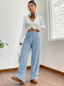 Muchica Women's Solid Color High Waist Drawstring Fluffy Wide Leg Loose Pants - Blue - View 7