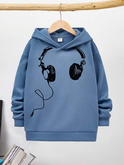 SHEIN 男童耳机印花宽松卫衣，秋冬季