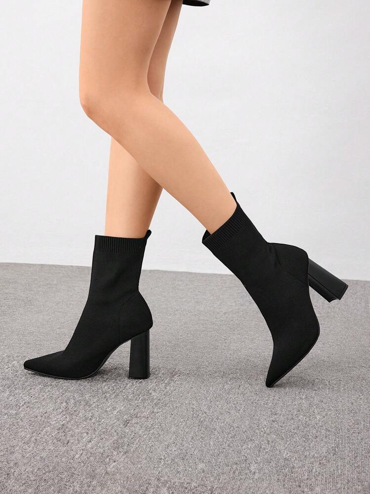 CUCCOO BASICS 女士时尚简约尖头弹力针织透气黑色短靴粗跟夏季毕业高跟鞋舞会高跟鞋度假鞋夏季促销圣诞节秋季新年假期 - 黑色 - 查看 6