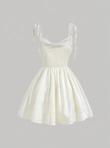 SHEIN MOD 素色肩上打結吊帶連衣裙 - 米色 - 查看 2