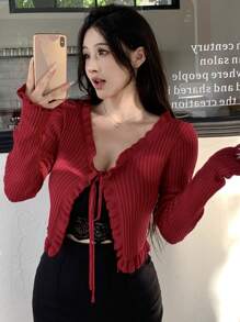 Joudiya 女士情人节荷叶边红色开衫，秋装 - 紅色 - 查看 6