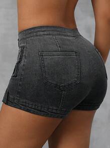SHEIN SXY Pantalones cortos de mezclilla sencillos con botón delantero y bolsillo, de uso diario y casual para mujer