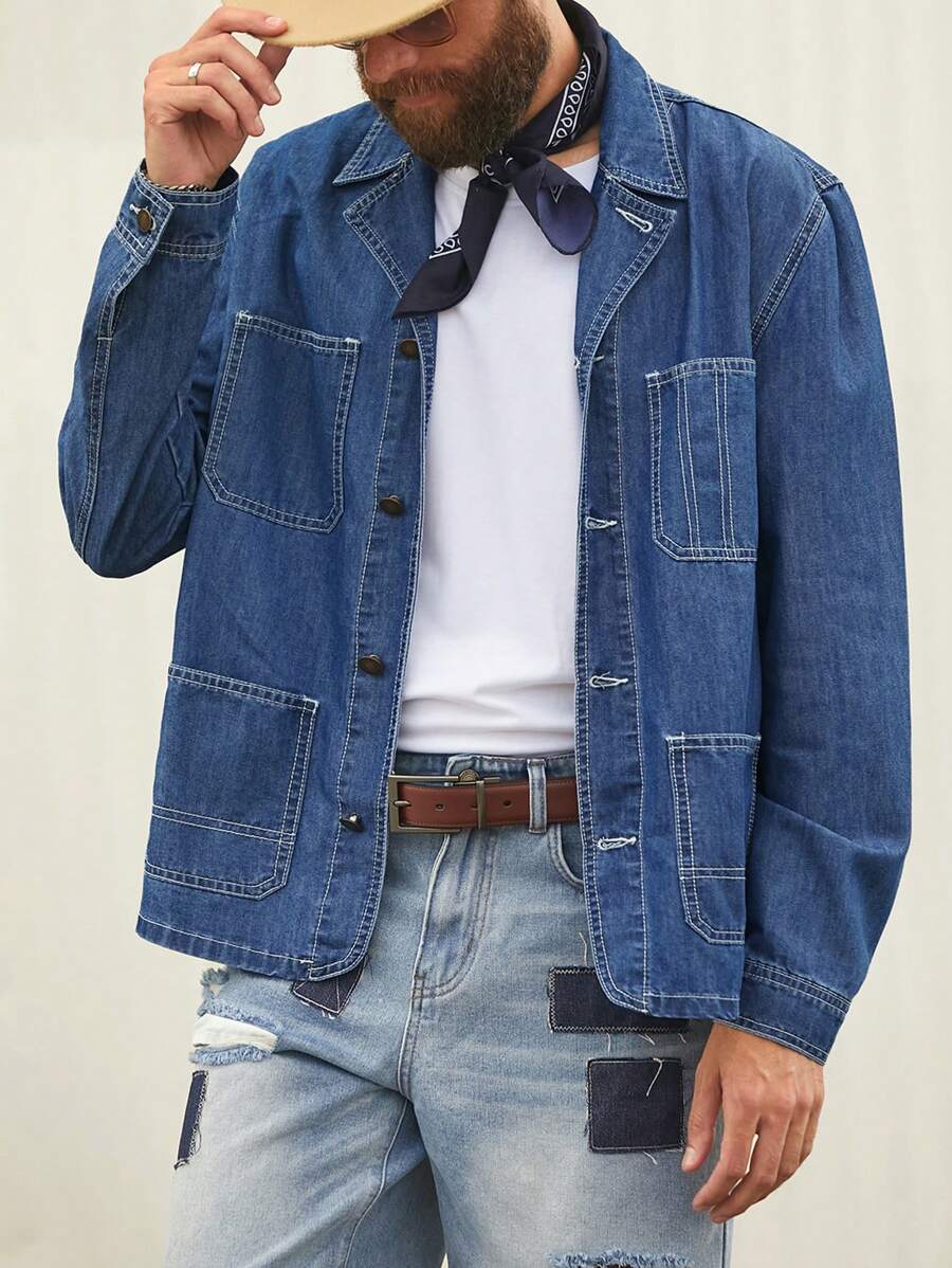 Manfinity Homme Oversized American Style Vintage Washed Indigo Blue Denim Jacket With Lapel Collar - Brown - View 1