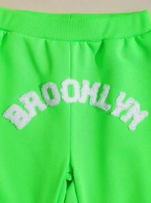SHEIN 2 bucăți copii băieți ocazional sport streetwear modă litere broderie model pânză de păianjen set de hanoraci și pantaloni, potrivit pentru ieșiri - Verde - Vizualizare 10