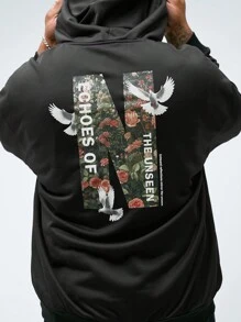 Manfinity VCAY Men's Plus Size Casual Loose Drop-Shoulder Zipper Front Peace Dove Graphic Print Hoodie Sweatshirt For Fall/Winter