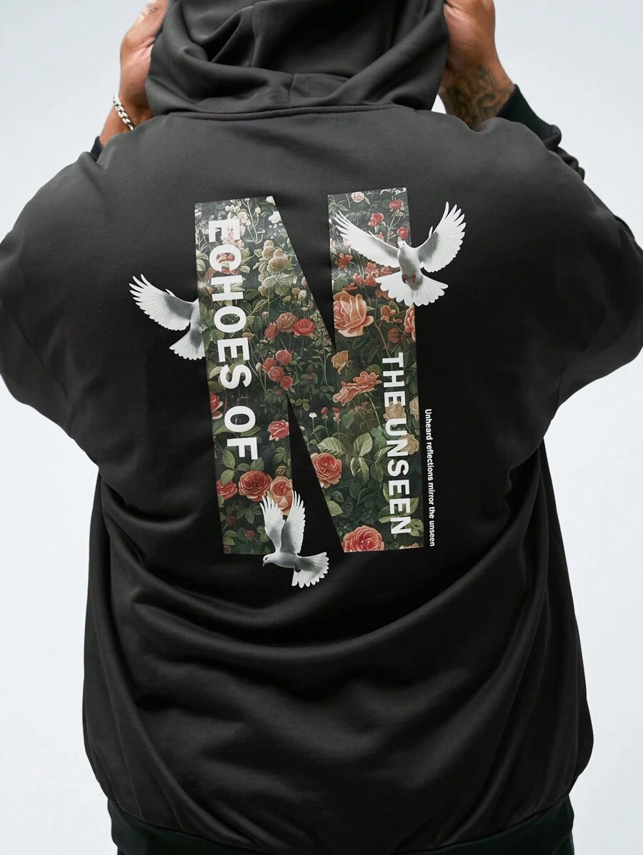 Manfinity VCAY Men's Plus Size Casual Loose Drop-Shoulder Zipper Front Peace Dove Graphic Print Hoodie Sweatshirt For Fall/Winter