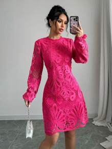 Elenzga Đầm ren tay phồng màu trơn thanh lịch có cổ cao kiểu chữ A dài tay dành cho nữ - Màu Hồng Tươi - Xem 4