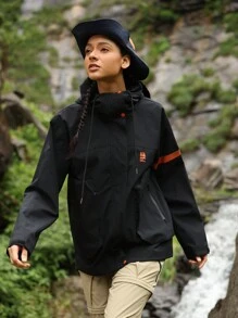 In My Nature Women Hooded Color Blocking Zip-Up Outdoor Raincoat Jacket - Black - View 6