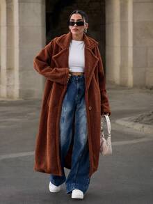 EURMUSE Women's Brown Long Teddy Jacket - Brown - View 4