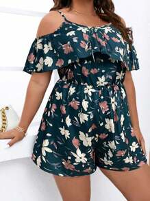 SHEIN Clasi Grote maten spaghettibandjes, rugloze, zelfbindende elegante jumpsuit met all-over print
