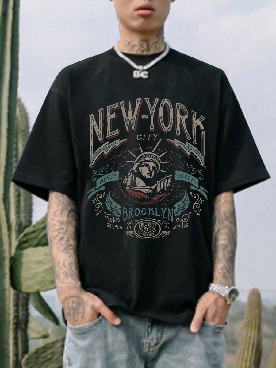 男士字母圖案落肩T恤 - 黑色 - 查看 1