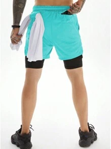 Manfinity Sport Corelite Pantalones cortos deportivos minimalistas de unicolor de estilo informal para hombre, para la escuela - Celeste - Ver 2