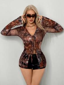 SHEIN ICON 网眼透视花卉印花开衫 - 彩色 - 查看 3