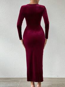 Chiquease Vestido ajustado de terciopelo elegante con abertura y cinta retorcida, primavera/otoño - Burdeos - Ver 2