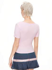 ROMWE Kawaii Animal Bow Embroidered V-Neck Short Sleeve Top, School - Pink - View 3