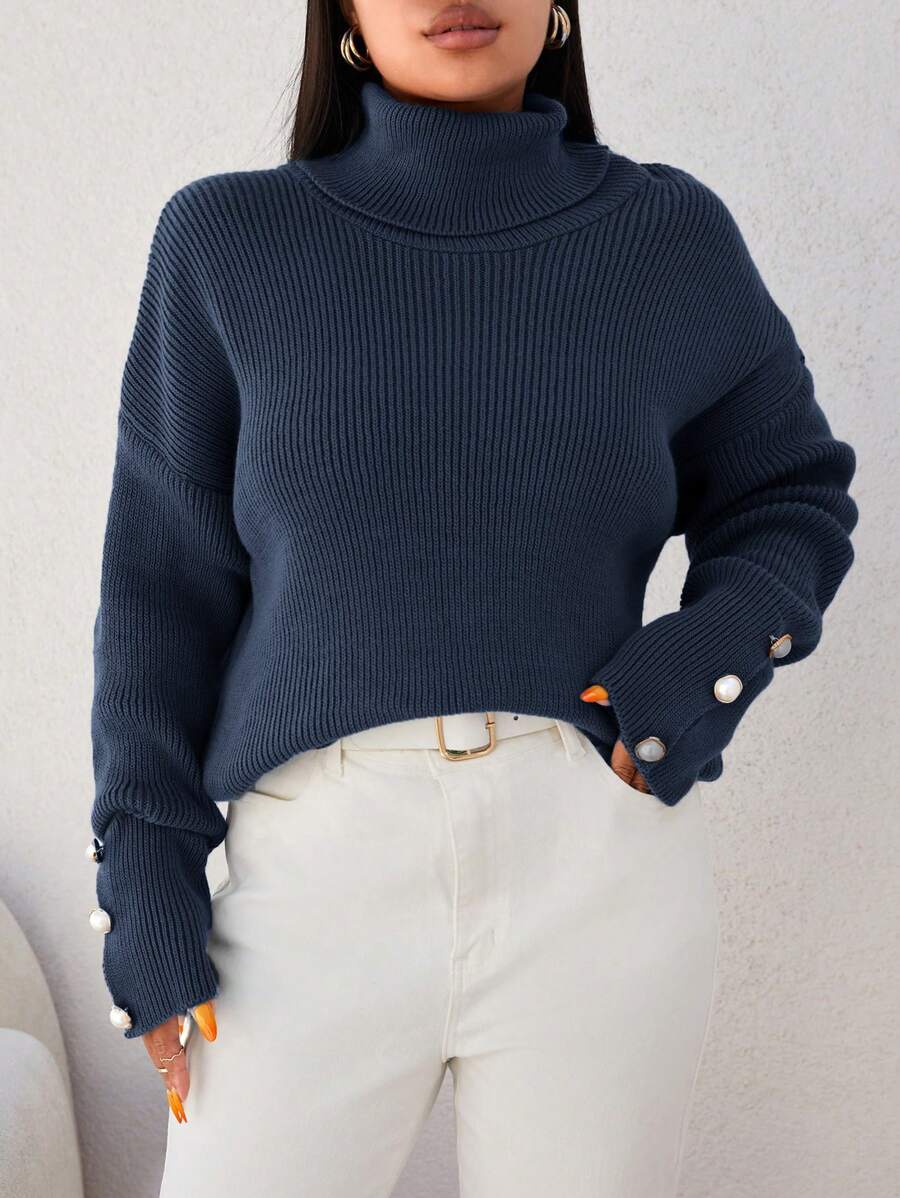 EURMUSE Plus Turtleneck Drop Shoulder Button Detail Sweater, For Winter - Blue - View 1