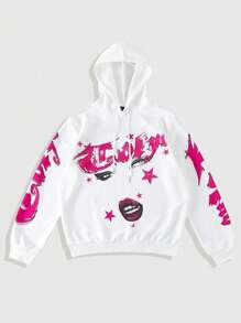 ROMWE MEN Street Life Men's Drawstring Front Letter & Figure Print Hooded Sweatshirt, Casual Daily Wear - White - View 1