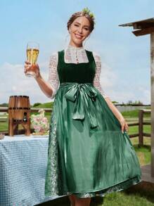 SHEIN Unity Women Waist Tie Contrast Color Gentle Elegant Charm Elegant Dress - Green - View 1