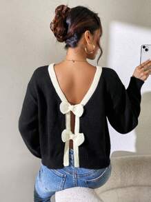 Chiquease Suéter holgado de punto suelto con detalle de lazo en cuello redondo para mujer, otoño/invierno