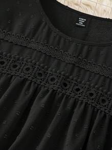 SHEIN LUNE 大码女式纯色简约休闲提花衬衫 - 黑色 - 查看 3