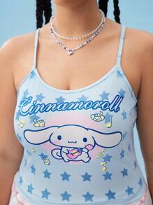 HELLO KITTY AND FRIENDS | SHEIN 大码梦幻星空音乐肉桂卷印花修身吊带背心，休闲可爱，秋季
