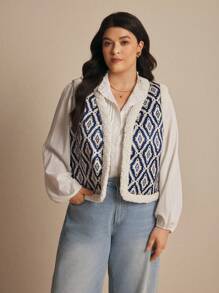 Elaquor Plus Size Women's Retro White Eclectic Hiking Printed Plush Sleeveless Jacket,Blue Flannel Fleece Waistcoat,National Wind Simple Vest,Warm Fall/Winter - Multicolor - View 3